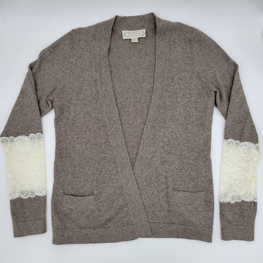 Beyond Vintage Antropology Cardigan Sweater Gray Heathered Lace Long Sleeve L